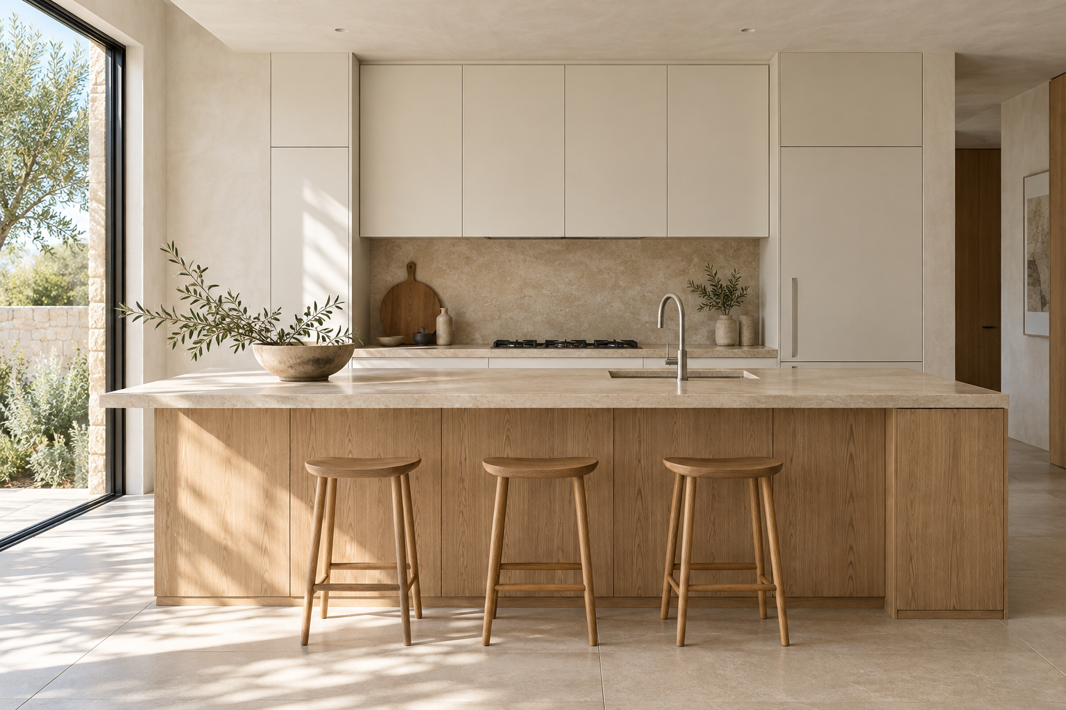 Kitchen design inspiration with ivory cabinetry, pale oak and warm natural light